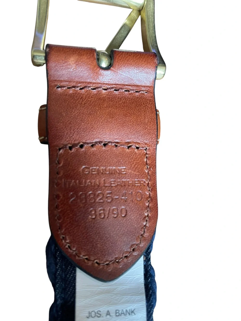 Jos A Bank Woven Leather Cotton Belt Men’s Sz 36 Blue Brown Golf Casual Denim